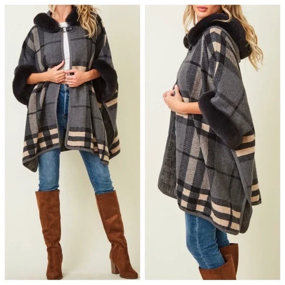 24 Boho Fabulous Plaid Fur Trim Hooded Oversized Cozy Jacket Poncho - Picture 2 of 6